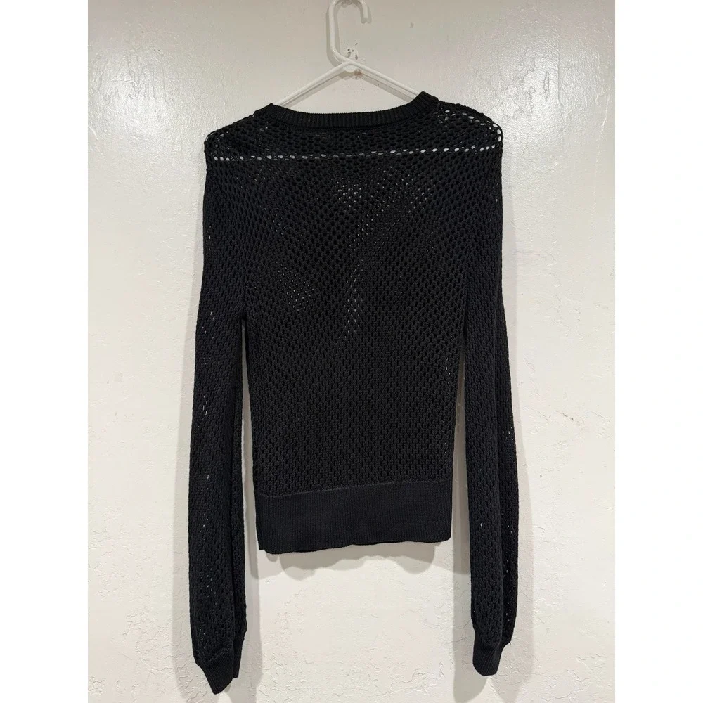 Monrow Black Open Knit Mesh Crewneck Sweater Cotton Modal Blend Small
